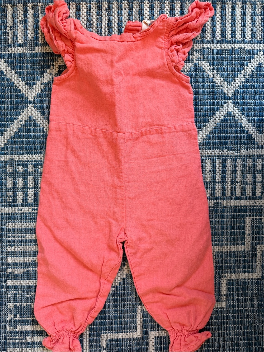 Coral Pink Ruffled-Sleeve Girls Linen Romper
